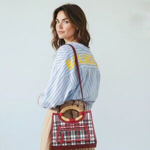 FENDI Vitello Century Wicker Tartan Plaid Woven Small Runaway Shopper Tote